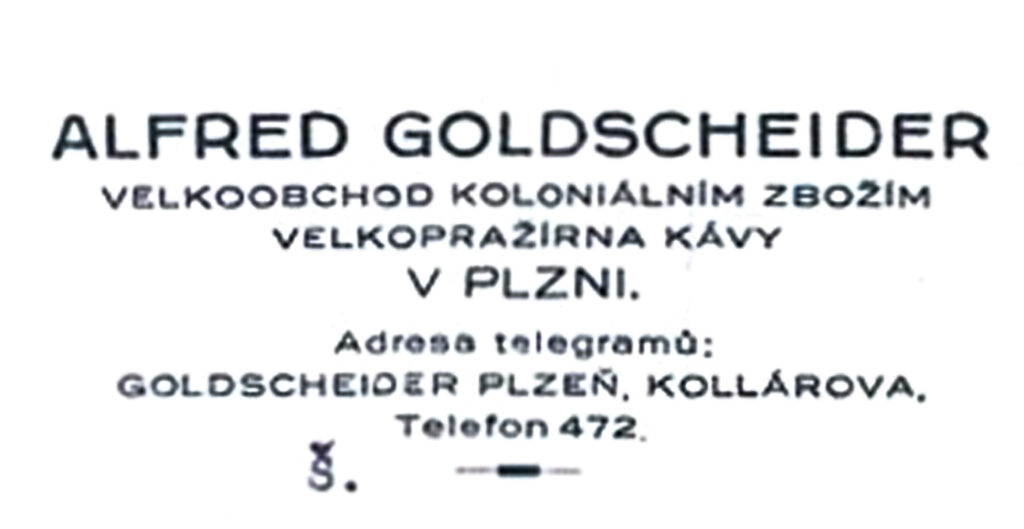 Hlavičkový papír firmy Alfréd Goldscheider sídlící v Kollárově ulici v Plzni