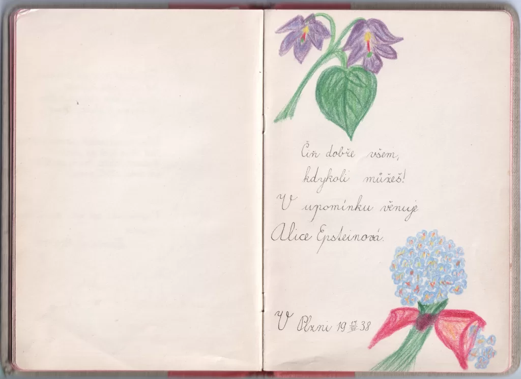 Zápis Alice Epsteinové do památníku spolužačky Evy Kussiové