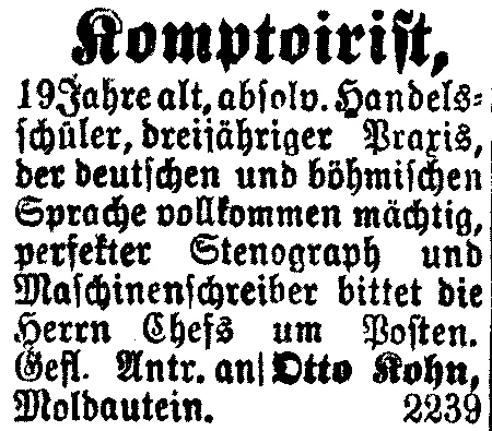Inzerát Otakara Kohna z Týna nad Vltavou v Prager Tagblatt ze dne 5. 8. 1908