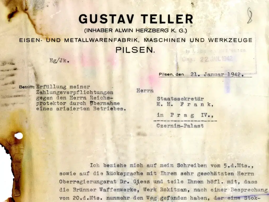 Korespondence arizované firmy Gustav Teller v Plzni se státním sekretářem při Úřadu říšského protektora K. H. Frankem