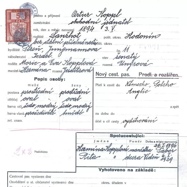 Žádost Artura Kppla, Hermíny Kopplové a Rity Kopplové z Plzně o vystěhovalecký pas z roku 1939