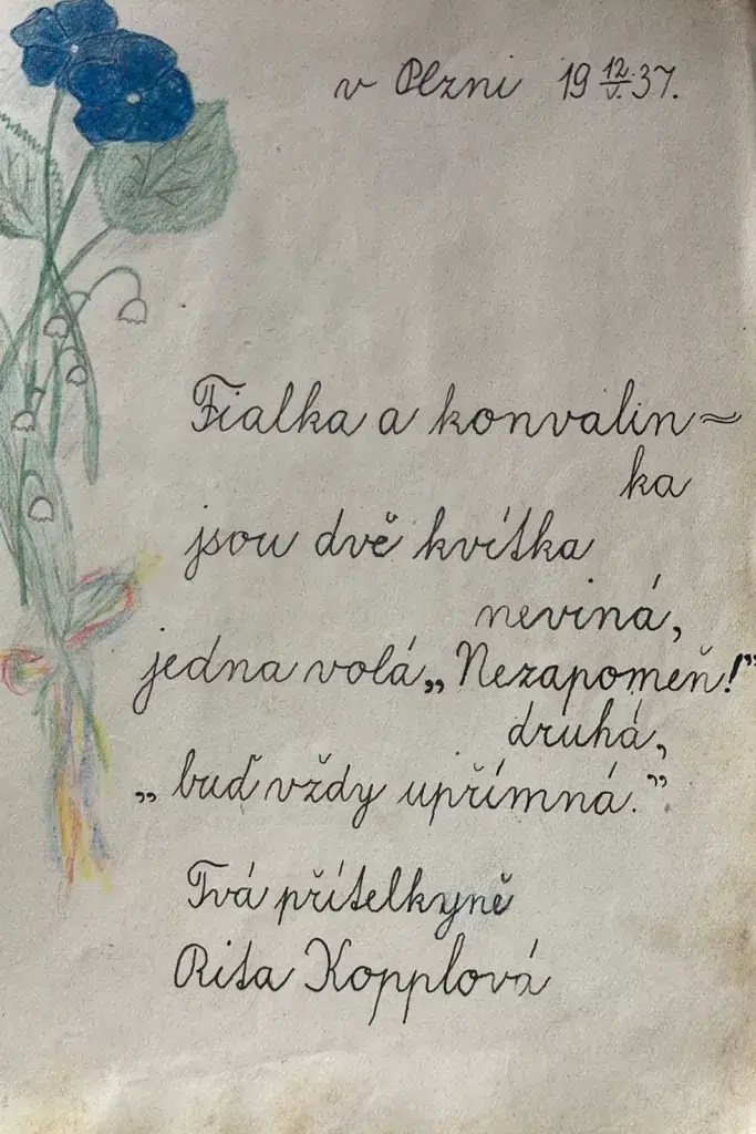 Kresba Rity Kopplové z Plzně v památníku její spolužačky Ruth Ofnerové