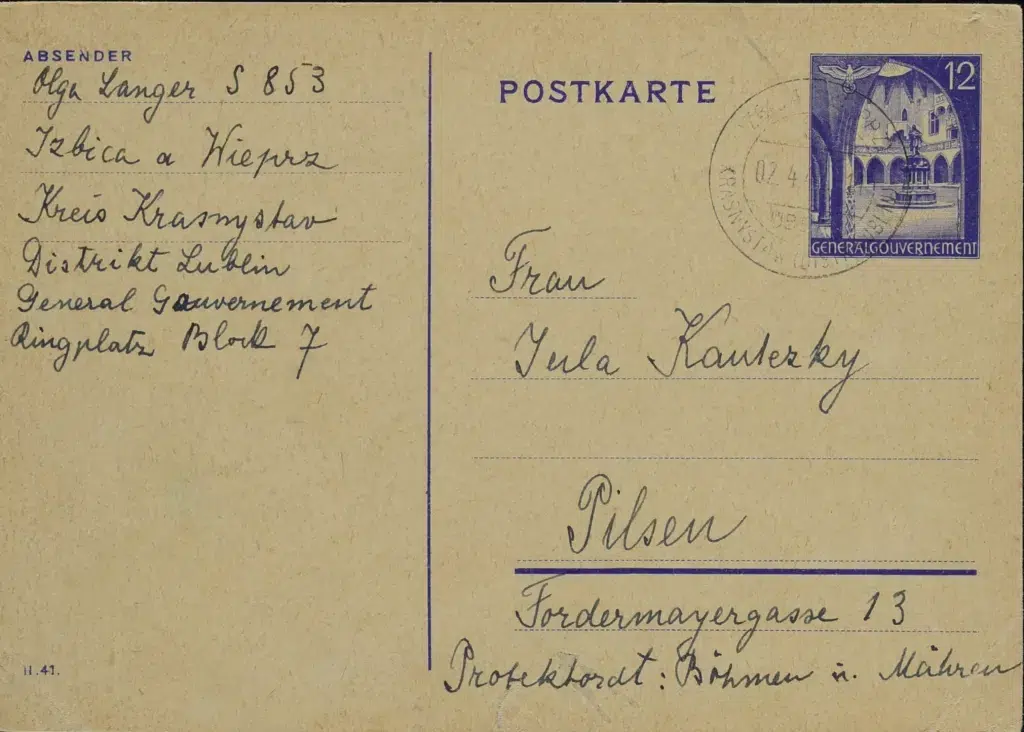 Korespondenční lístek Josefa Kornfelda a jeho sestry Olgy Langerové z ghetta Izbica příbuzným do Plzně