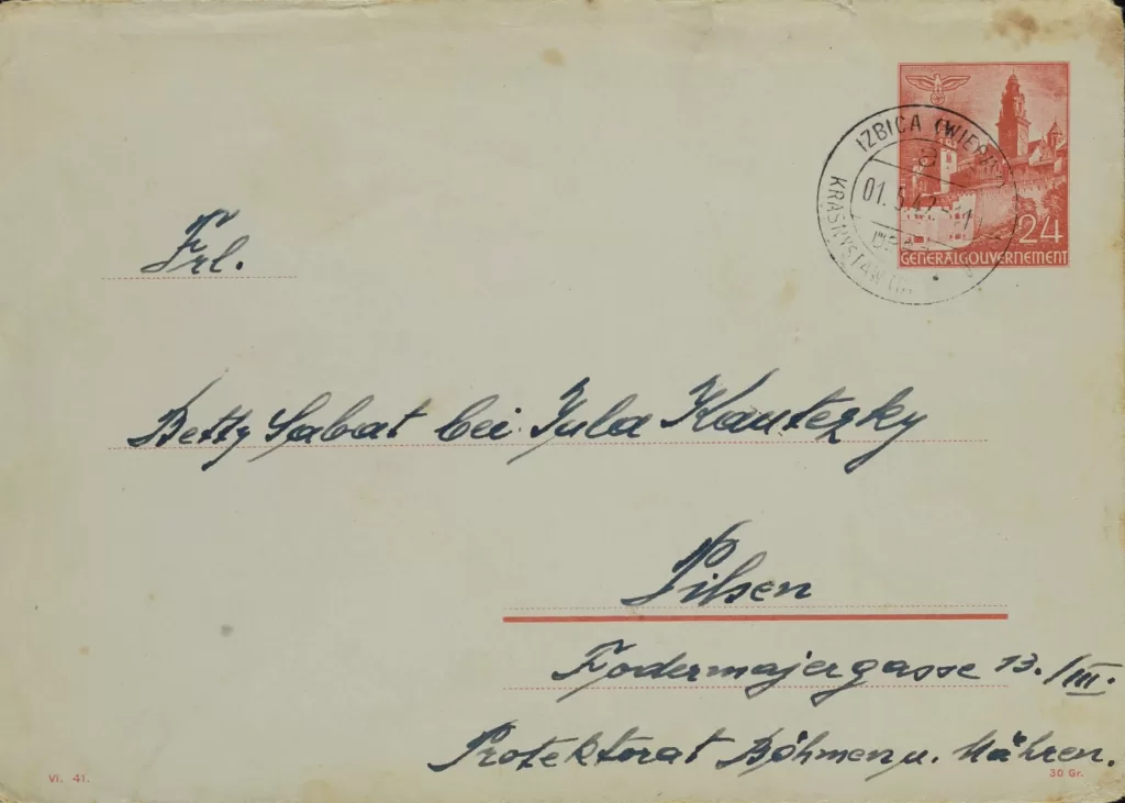 Dopis Josefa Kornfelda a jeho sestry Olgy Langerové z ghetta Izbica příbuzným do Plzně