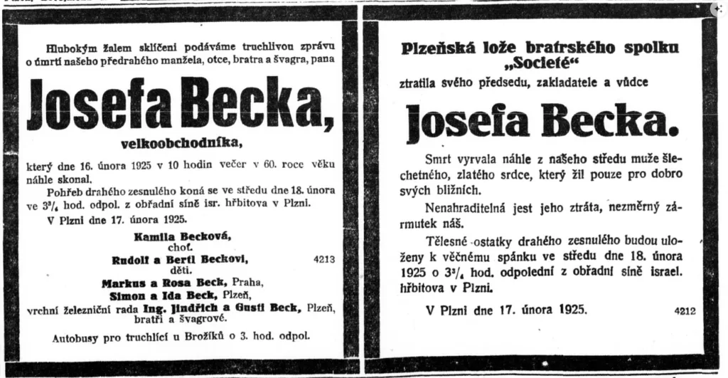 Úmrtní oznámení pbchodníka Josefa Becka z Plzně z roku 1925