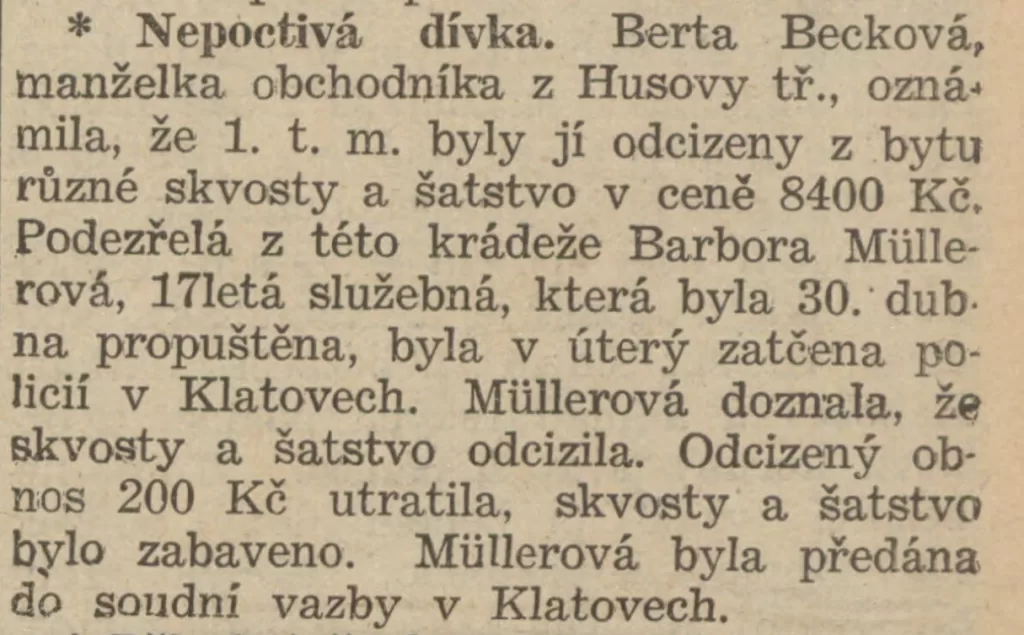 Inzerce deníku Český směr z roku 1931 o krádeži v bytě Beckových v Husově  ulici v Plzni