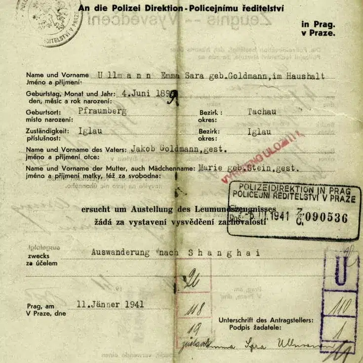 Žádost Emmy Ullmannové z roku 1941 o vystěhování do Šanghaje