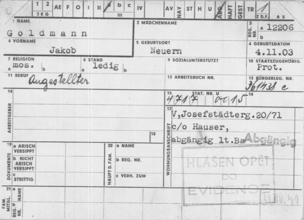 Registrační karta Jakuba Goldmanna do transportu