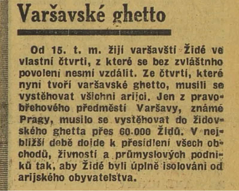 Článek Poledního listu z 27. 11. 1939 o vzniku varšavského ghetta