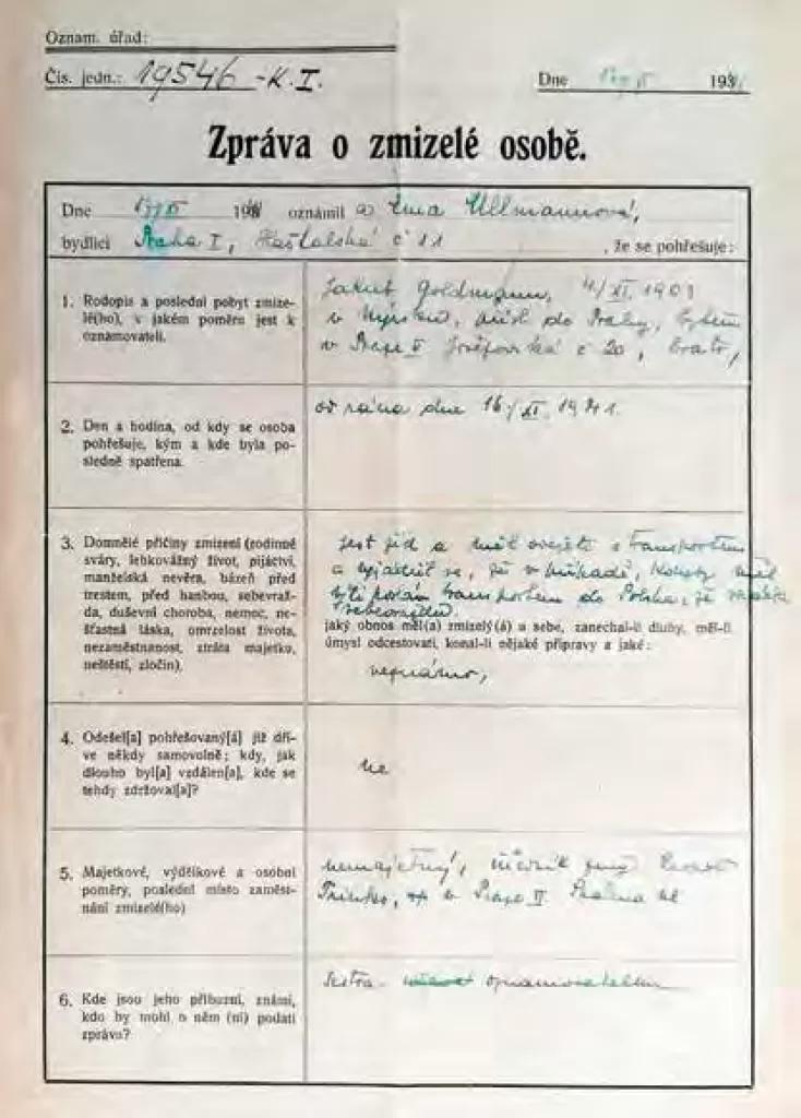 Policejní záznam z listopadu 1941 o zmizelé osobě Jakubu Goldmannovi
